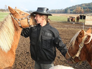 Pavel Mazan z občanského sdružení Dream Horse mezi koňmi, které chová na louce mezi Vejprnice a Tlučná.