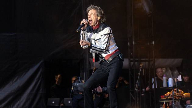 Rok 2018. Typický Jagger při koncertě The Rolling Stones v Londýně