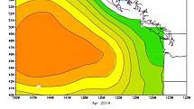 Tepelná anomálie přezdívaná skvrna či sliz u pobřeží Washingtonu a Oregonu v dubnun 2014
