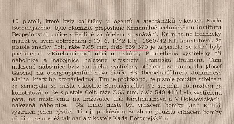 Úryvek ze závěrečné zprávy gestapa, v němž bylo uvedeno číslo zbraně, jež přispělo k jejímu ztotožnění, český překlad