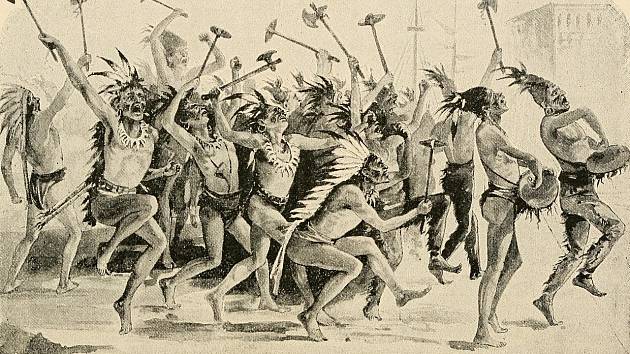 Indiánští válečníci během války roku 1812, výjev z bitvy o pevnost Dearborn, nazývané také jako masakr ve Fort Dearborn