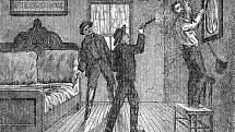 Vyobrazení vraždy Jesseho Jamese Robertem Fordem. Bobův bratr Charley přihlíží v pozadí. Ford střelil legendárního Jamese zezadu do hlavy.