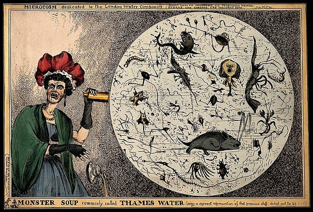 Novinové karikatury poukazující na stále se zhoršující zápach řeky Temže plné odpadu, splašků a mrtvol se objevovaly už léta před takzvaným Velkým zápachem z léta 1858. Tato z roku 1828 zobrazuje takzvanou 'polévku netvorů', kterou Temže představovala.