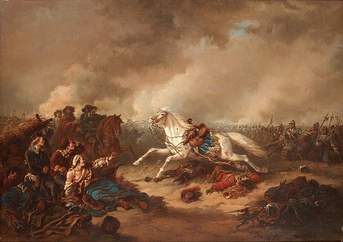 Kůň Gustava Adolfa prchá poté, co byl jeho pán sestřelen ze sedla. Švédskému králi uvízla noha ve třmenu, kůň ho pár desítek metrů vláčel
