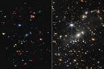 Jeden z prvních snímků pořízených vesmírným teleskopem Jamese Webba. Srovnávací snímek zveřejněný NASA 12. července 2022 ukazuje neviditelné blízké a střední infračervené vlnové délky světla, které byly převedeny do barev viditelného světla.