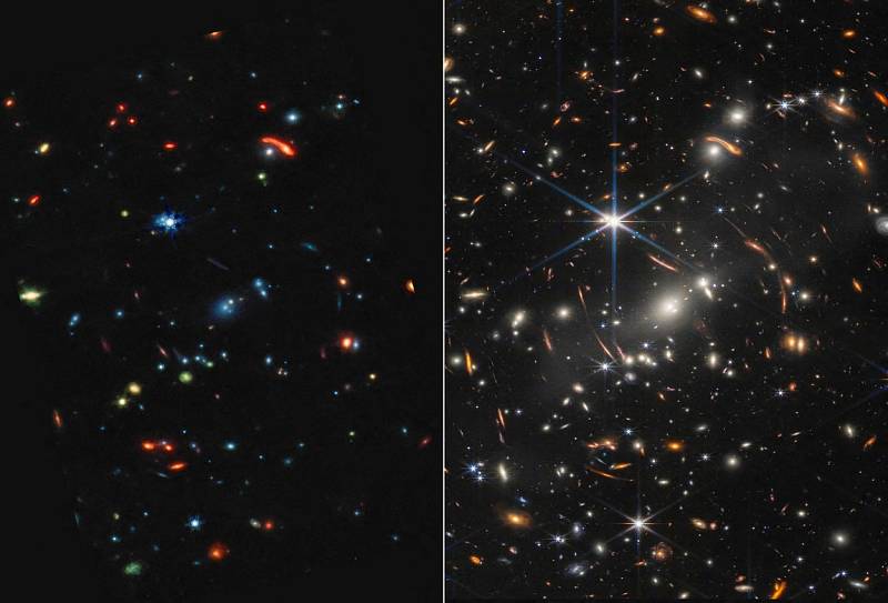 Jeden z prvních snímků pořízených vesmírným teleskopem Jamese Webba. Srovnávací snímek zveřejněný NASA 12. července 2022 ukazuje neviditelné blízké a střední infračervené vlnové délky světla, které byly převedeny do barev viditelného světla