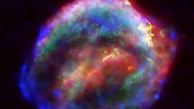 Obraz zbytků Keplerovy supernovy ve falešných barvách, složený ze čtyř různých pozorování