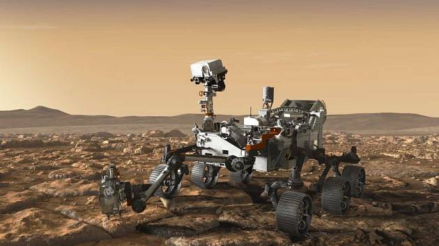 Umělecká představa pohybu robotického vozítka Perseverance po povrchu Marsu