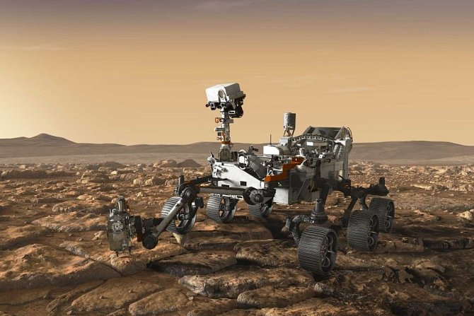 Umělecká představa pohybu robotického vozítka Perseverance po povrchu Marsu