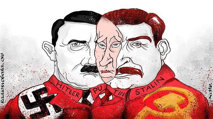 Karikatura Putina, Hitlera a Stalina.