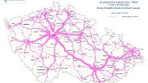 Mapa vytíženosti dálnic a silnic v České republice. Čím tlustější čára, tím více vozidel daným úsekem projíždí.