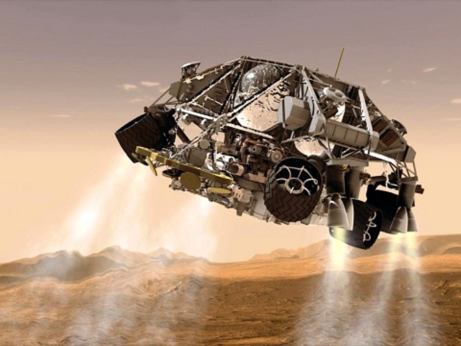 Robotické vozítko Curiosity na planetě Mars.