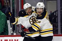 David Pastrňák (vlevo) z Boston Bruins se raduje z gólu, vpravo jeho spoluhráč Tyler Bertuzzi