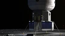 Vizualizace další cesty člověka na Měsíc. V pozadí lze vidět kosmickou loď Orion. Program nese název Artemis.