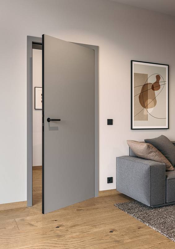 Interiérové dveře Hörmann s povrchem Duradecor v novém odstínu prachově šedá a s bezfalcovým provedením s kontrastní hranou v černé barvě