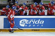 Hráči ČR se radují z prvního gólu, který dal Filip Zadina (vlevo na ledě).