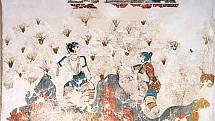Freska s názvem Sběrači šafránu nalezená  při vykopávkách v Akrotiri.