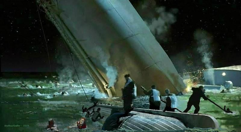 Kolaps prvního komínu, obraz inspirovaný filmem Titanic. Pád komínu znamenal tragédii pro desítky trosečníků, kteří v ledové vodě bojovali o život právě v místě jeho dopadu. Byl mezi nimi i milionář John Jacob Astor, jehož tělo našli s rozdrcenou tváří