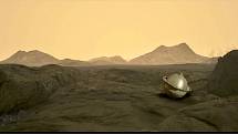 Ilustrace přistání sondy z mise DAVINCI na povrchu Venuše.