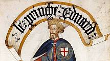 Syn Eduarda III., Eduard z Woodstocku, hrabě z Walesu, známý jako Černý princ, na iluminaci z roku 1453 ztvárněný jako rytíř Podvazkového řádu