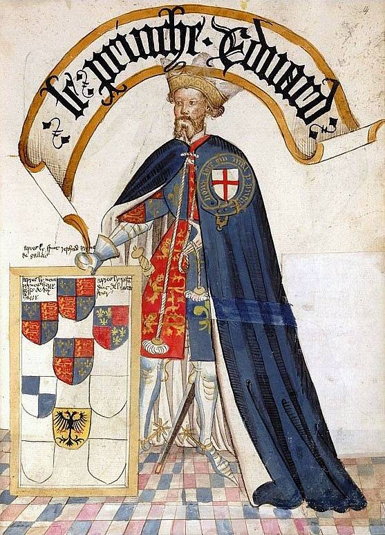 Syn Eduarda III., Eduard z Woodstocku, hrabě z Walesu, známý jako Černý princ, na iluminaci z roku 1453 ztvárněný jako rytíř Podvazkového řádu