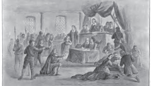 Soudní proces s čarodějnicemi, kresba neznámého autora