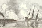 Námořní bitvy americké občanské války, útok ocelové válečné parolodi. Ilustrace z díla Marka Leslieho