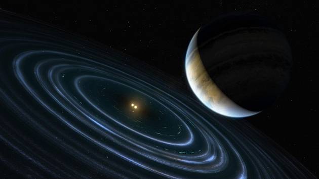 Umělecká představa exoplanety HD 106906 b nacházející se ve velké vzdálenosti od centrální binární hvězdy a disku prachového materiálu, který ji obklopuje