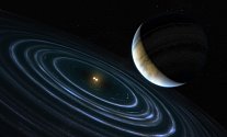 Umělecká představa exoplanety HD 106906 b nacházející se ve velké vzdálenosti od centrální binární hvězdy a disku prachového materiálu, který ji obklopuje