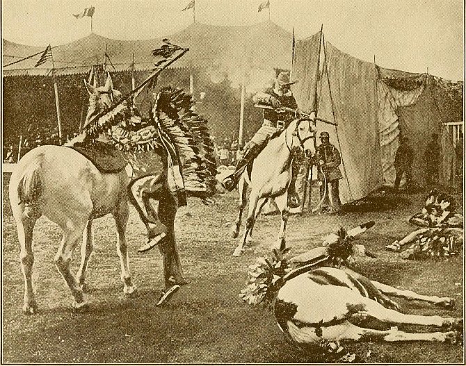Buffalo Bill a jeho show, představení Vzrušující životy Buffalo Billa, plukovníka Williama F. Codyho, posledního z velkých zvědů, a Pawnee Billa, majora Gordona W. Lillieho, bílého náčelníka Póniů, rok 1911