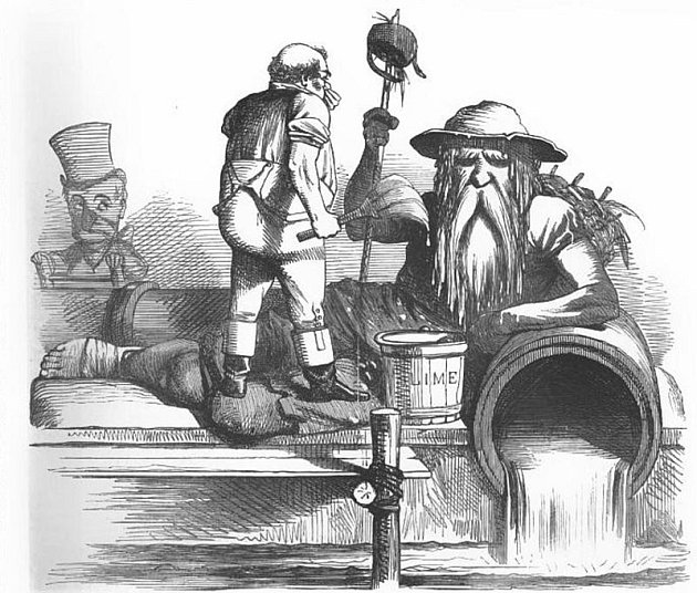 Novinová karikatura komentující páchnoucí a znečištěnou řeku Temži v době takzvaného Velkého zápachu v Londýně v létě 1858. Dělník se na ní vápnem snaží překonat Otce Temže - je to reakce na snahy politiků ubránit se smradu.