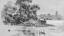 Jižní cíp Židovského ostrova (dnes nazývaného Dětský ostrov) při velké povodni v roce 1890