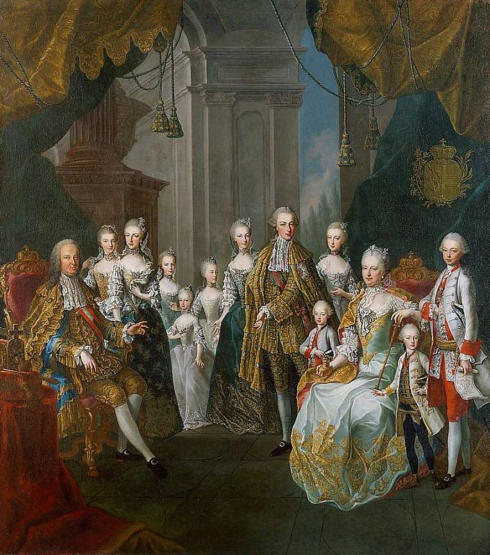 Marie Terezie a František Štěpán Lotrinský s potomky. Nejmladší synové Ferdinand a Maximilián stojí u matčiny židle.