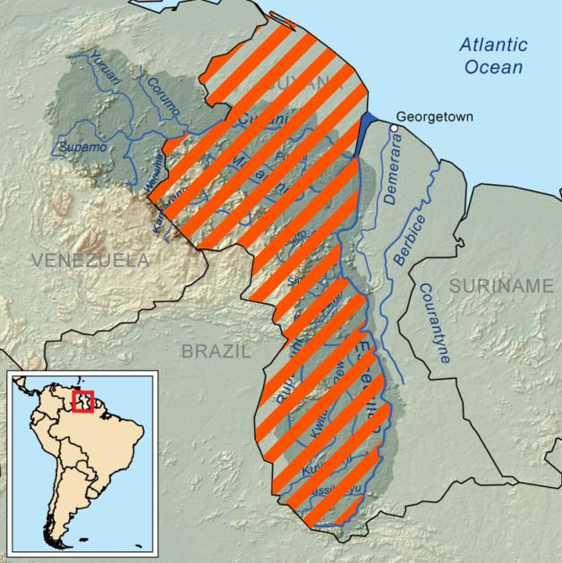 Mapa Guyany s označením území Esequiba na hranicích s Venezuelou
