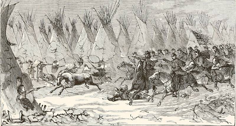 Indiánské války v druhé polovině 19. století. Americká vojenská kavalerie útočí na indiánskou vesnici