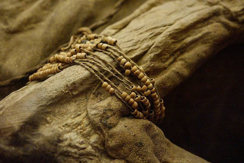 Detail náramku na paži mužské peruánské mumie, Henry Wellcome collection