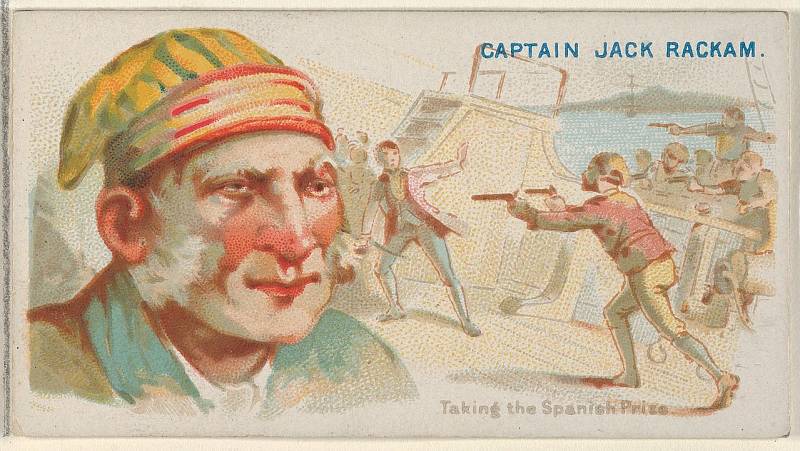 Kapitán Jack Rackham na obalu značky cigaret Allen & Ginter. Bojová scéna zachycuje převzetí španělské lodi