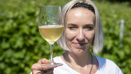 Vinařka Lucie Šimonová ukazuje sklenici s vínem vyrobeným technologií kvevri, 26. červen 2022, Rájec, Rychnovsko