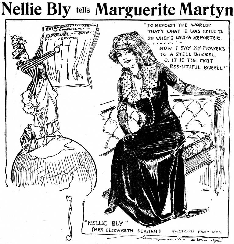 Nellie Blyová na kresbě od Marguerite Martynové, publikované 14. května 1911 v novinách St. Louis Post-Dispatch