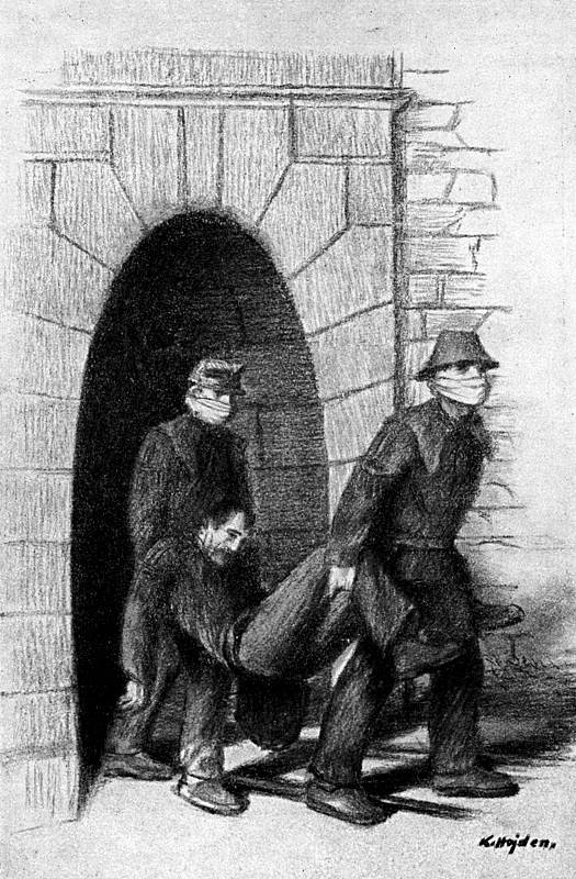 Vynášení těl mrtvých horníků z dolu Marie po katastrofálním požáru, k němuž došlo 31. května 1892, kresba akademického malíře Hojdena (1893–1975)