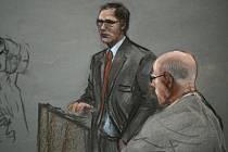 Na obrázku ze soudní síně je zachycen James Bulger (sedící vpravo) a jeho advokát Hank Brennan.