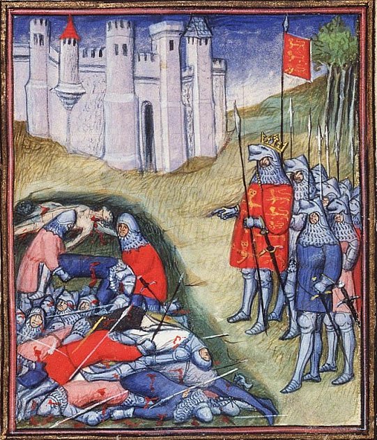 Eduard III. nechává počítat mrtvé na bojišti u Kresčaku. V bitvě padl i český král Jan Lucemburský, v té době již zcela slepý, který bojoval na francouzské straně