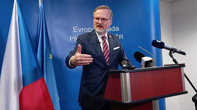 Premiér Petr Fiala na tiskové konferenci po summitu Evropské rady.