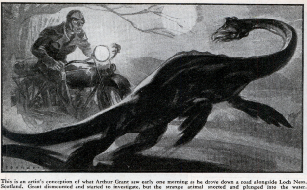 Jedna z ilustrací bájné příšery z jezera Loch Ness od Artura Granta z roku 1934