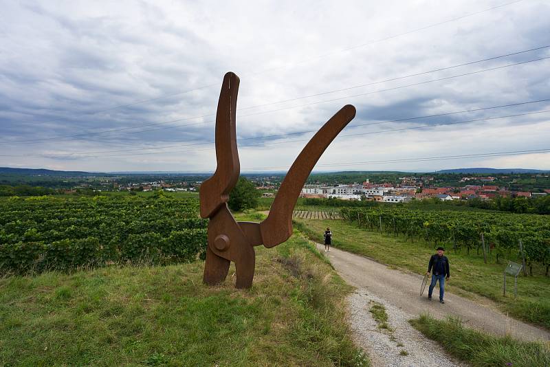 Vinařská turistika v Langenlois. Mezi vinicemi upoutají až bizarní skulptury, nejrůznější do krajiny zasazené prvky a zastávky s výhledem na vinice.
