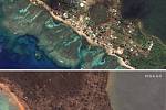 Satelitní snímky místa před výbuchem podmořské sopky u Tongy a po explozi.
