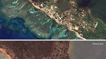 Satelitní snímky místa před výbuchem podmořské sopky u Tongy a po explozi