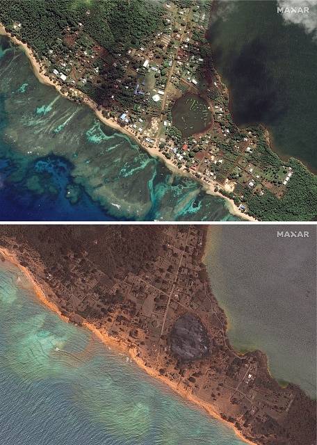 Satelitní snímky místa před výbuchem podmořské sopky u Tongy a po explozi.