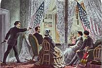 Atentát na 16. prezidenta USA Abrahama Lincolna, spáchaný 14. dubna 1865 ve Washingtonu. John Wilkes Booth míří na prezidentův týl, zatímco Lincoln sleduje představení Our American Cousin (Náš americký bratranec) ve Fordově divadle