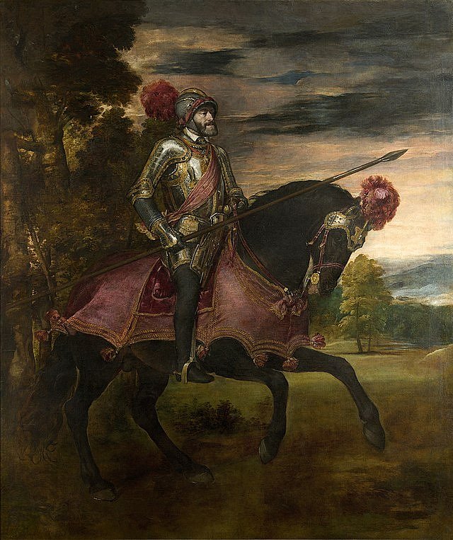 První španělský král a římský císař Karel V. Habsburský v brnění, které měl na sobě v bitvě u Mühlbergu v dubnu 1547, v níž rozdrtil německé protestanty